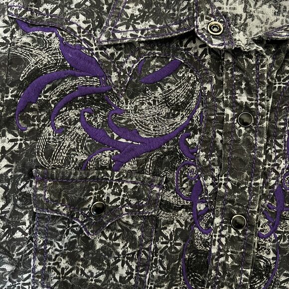 Cruel Girl Western Pearl Snap Shirt Women M Embroidered Black Purple Rodeo Y2K - Picture 15 of 16